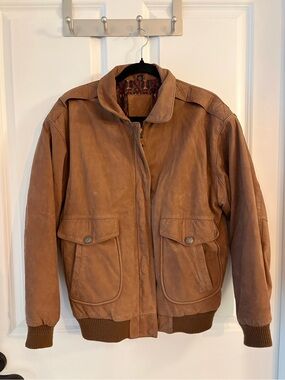 Unisex Tan Leather Bomber Jacket - Classic Casual Style